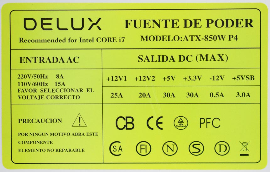 Fuente para PC Delux ATX-850W P4 220V/50Hz 8A