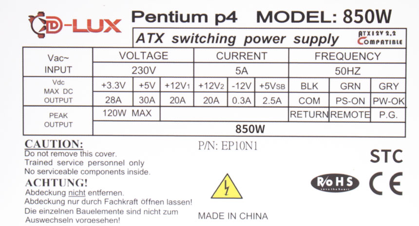 Fuente para PC D-LUX 850W